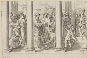 De heliga Petrus och Johannes botar en förlamad person i ett tempel av Battista Franco