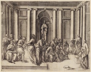 Zwölfjähriger Jesus diskutiert mit den Tempelgelehrten av Battista Franco