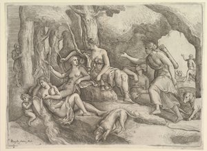 Diana vilar med nymfer. av Battista Franco Veneziano