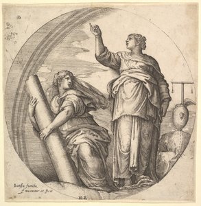 Fortitude and Justice, en allegorisk komposition i runt format, med Fortitude g..., ca. 1530-61.
