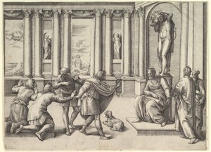 Man som sitter under en staty av Bacchus och tar emot en publik, ca. 1530-61.