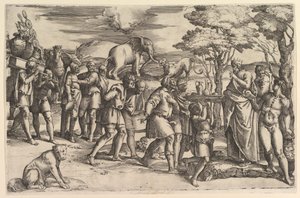 Melkisedek erbjuder bröd och vin till Abraham, ca. 1547. av Battista Franco Veneziano