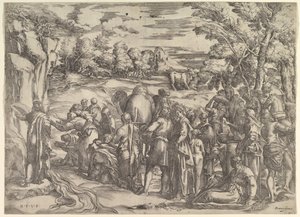 Moses drar vatten från klippan, till vänster med vatten som rinner, olika figurer och ..., ca. 1552-61.