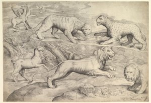 Sex djur, inklusive lejon, en tiger, en leopard, en griffin och en get, ca. 1530-61.