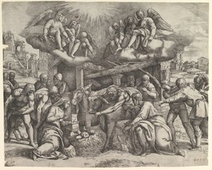 Herdarnas tillbedjan med änglar över huvudet, ca. 1530-61. av Battista Franco Veneziano