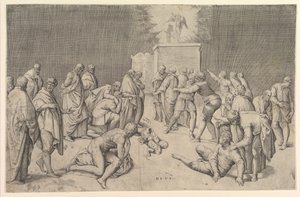 Filistéerna placerar förbundsarken i Dagons tempel, ca. 1540.