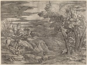 Landskap med en man som leder en häst av Battista Franco after Titian