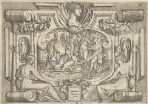 En man och kvinna som erbjuder ett fat med mynt till en kung som sitter på en tron, satt med..., ca. 1540-80.