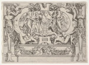 Byst av en kvinna flankerad av tre kvinnor på varje sida, inställd inom en utarbetad ram, ca. 1540-80. av Battista del Moro