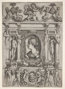 Byst av en kvinna i profil vänd åt vänster, inställd i en genomarbetad ram med figurer i n..., ca. 1540-80.