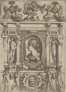 Byst av en kvinna i profil vänd åt vänster, inställd i en genomarbetad ram med figurer i n..., ca. 1540-80.