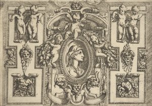 Byst av en kvinna i profil vänd åt höger, inställd i en utarbetad ram med putti, ..., ca. 1540-80.