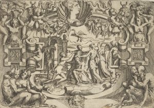 Fyra kvinnor som omger en sittande figur, en fågel ovanför dem, placerade i en utarbetad ..., ca. 1540-80.