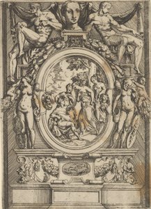 The Judgement of Paris, man som sitter till vänster sträcker sig mot en kvinna som flankeras av ..., ca. 1540-80. av Battista del Moro