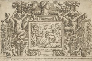 Kvinna sittande med armarna utsträckta, personifiering av Fame med trumpet till höger,..., ca. 1540-80.