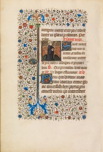 Abbot Maurus med en stav och en bok, ca 1440-50 (tempera, bladguld, färg och bläck på pergament) av Bedford Master Workshop