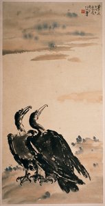 Two Cormorants (hängande rullbild och färg på papper) av Beihong Xu