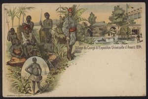 Kongolesisk by utställd på Exposition Internationale d"Anvers, Antwerpen, Belgien, 1894 av Belgian School