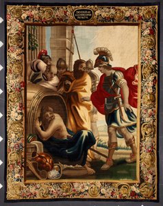 Diogene och Alexander: möte mellan den grekiske filosofen Diogene de Sinope (413-327 f.Kr.) i sin tunna och kung Alexander den store (356-323 f.Kr.) i Korinth. När erövraren frågade honom vad han ville, svarade Diogene: "Ta lite av min sol". Tappa av Belgian School