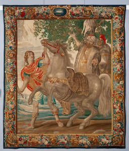 Kung Alexander den store tämjer hästen Bucephale. Gobeläng tillverkad i manufakturerna i Bryssel. 1500-talet Genes, Musei di Strada Nuova av Belgian School
