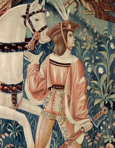 Medeltid: början för jaktfalk, till häst. Detalj av en silkes- och ulltapet från början av 1500-talet. Från Hainaut. Paris, Nationalmuseet för medeltiden, Thermes de Cluny av Belgian School