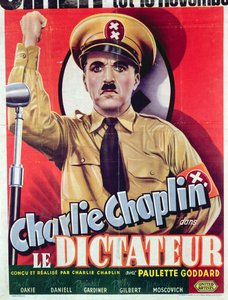 Affisch med reklam för Charlie Chaplins "The Great Dictator", som släpptes första gången 1940, ca 1945 (litho i färg)