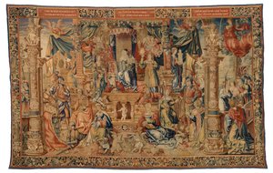 Tapestry, Faith Welcoming the Heroes of Antiquity, tillverkad i Bryssel, Belgien av Belgian School