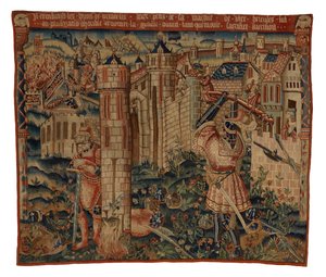 Tapestry, Hercules at the Gate of Prycus City, eller Hercules Assaulting a City, möjligen från Tournai (ull och siden) av Belgian School
