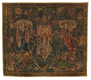 Gobeläng, Sibylla Libyen och Europa (en av en uppsättning om sex sibyllor, omfattande 46.134 till 46.139) kallade "Rothamstedtapeterna", tillverkade i Flandern, Tournai eller Bryssel, Belgien, ca 1530 (ull) av Belgian School