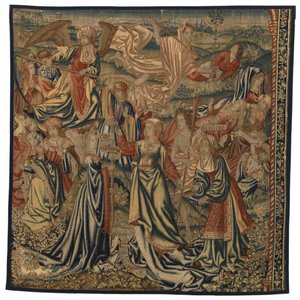 Gobeläng, dödens triumf över kyskheten med de tre öden, tillverkad i Bryssel, Belgien, tidigt 1500-tal (ull och siden) av Belgian School