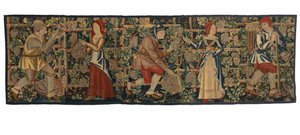 Gobelängfragment föreställande Vintagers, möjligen från Tournai, ca 1460-70 (ull) av Belgian School
