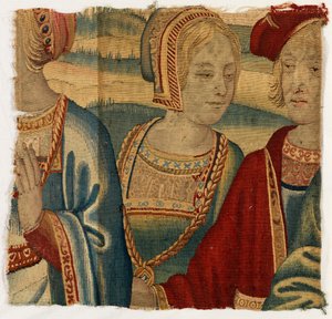 Gobelängfragment föreställande man och kvinna, möjligen tillverkad i Bryssel, Belgien, tidigt 1500-tal (ull och siden) av Belgian School