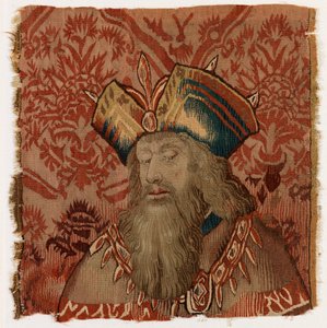 Gobelängpanel föreställande huvudet av en präst eller kung, möjligen tillverkad i Tournai, Belgien, möjligen tidigt 1500-tal (ull) av Belgian School
