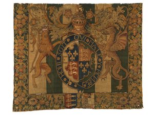 Gobeläng med Edward VI:s kungliga vapen och vapen från le Grys, troligen tillverkad i Enghien, Flandern, Belgien, ca 1547-53 (ull) av Belgian School