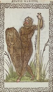 The Wild Man, illustration från The Habits and Portraits of Nearly All Nations and Contemporary Nations av Jean Sluperji, Antwerpen, 1572 (träsnitt i färg) av Belgian School