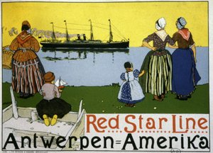 Transatlantiska linjeskeppet Antwerpen/Amerika. Reklam för Red Star Line, ca 1900 (tryck) av Belgian School