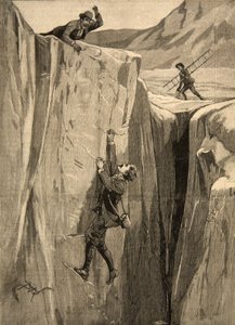 En turist som hänger i en spricka i Alperna, från "Le Petit Parisien", 23 augusti 1891.