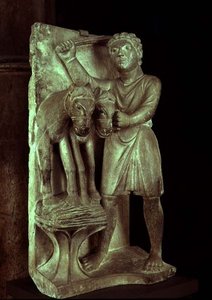 Att tröska vete: juli från en statykalender över Månadernas arbete, ca 1200 (sten)