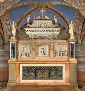 Krypta, högaltare med de heliga Marcellinos och Peter Exorcists ark, framförd av Benedetto Briosco 1506-08, omkomponerad av Matteo Galletti 1609