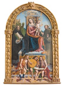 Madonna med barn, helgon och änglar av Benedetto Coda