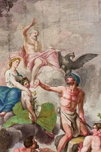 Allegorisk skildring av Olympen med Jupiter, Ceres och Vulcan, detalj av apoteosen av arbete, jordbruk, konst och vetenskap (fresk) av Benedetto Cotarti