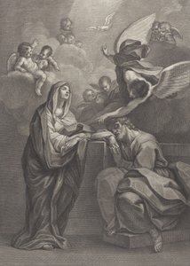 Plåt 6: Sankt Josefs dröm, med Jungfru Maria till vänster och en ängel ovanför som pekar ..., 1777 av Benedetto Eredi