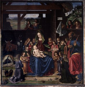 Nativiteten. Målning av Benedetto Ghirlandaio (1458-1497). Olja på trä. Mått: 147x144cm. Kyrkan i Aigueperse av Benedetto Ghirlandaio