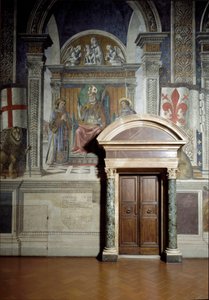 Saint Zanobius, Saint Lawrence och Saint Stephen (Hall of Lilies) (fresk av Benedetto da Maiano