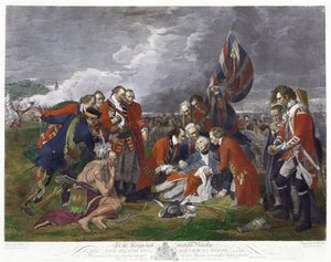 General Wolfes död" efter målning av Benjamin West. James Wolfe (1727-1759) brittisk arméchef, dödligt skadad vid segern över fransmännen i slaget vid Plains of Abraham, Quebec. Sjuåriga kriget Kanada Frankrike