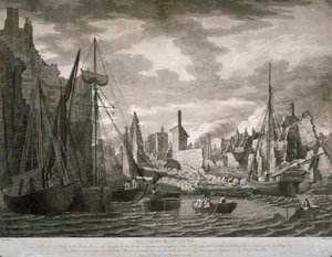 Utsikt över Ratcliffe-området, London, som visar ruinerna efter branden den 23 juli 1794 av Benjamin Burnell
