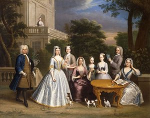Gruppporträtt av en familj, på tomten till ett hus på landet, av Benjamin Ferrers
