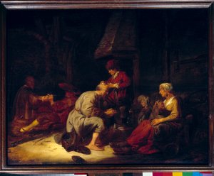 Operationen har en förstoringsglaskirurg som opererar en av sina patienter i huvudet. Målning av Benjamin Gerritsz Cuyp