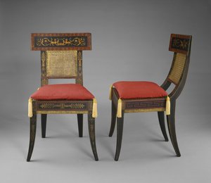 Ett par sidostolar, ca. 1808 (gessoed, målad och förgylld gul poppel, ek, lönn och östlig vit tall med käpp)