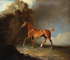 En gyllene kastanjetävlingshäst vid en klippformation, 1800